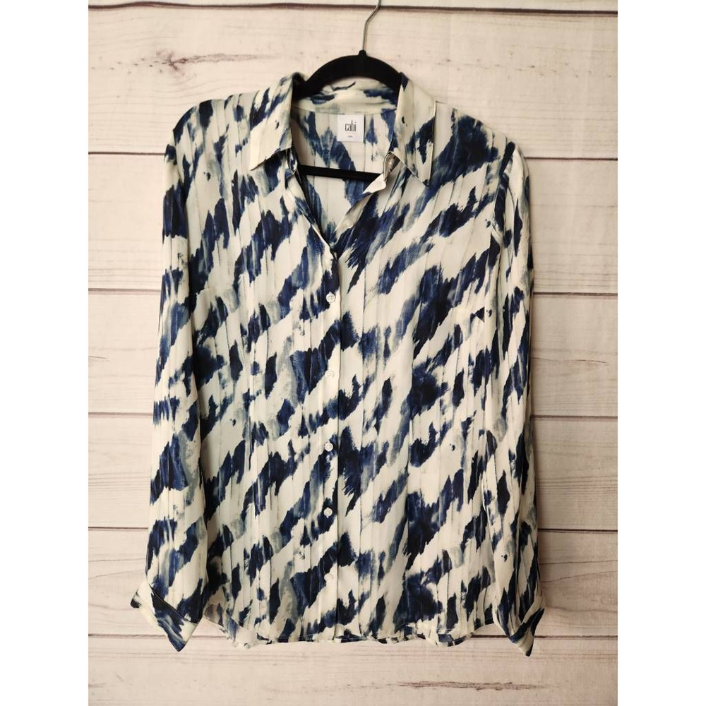 Cabi Womens Moody Blue Blouse Navy Cream Tie Dye Long Sleeve Button Up Collar S